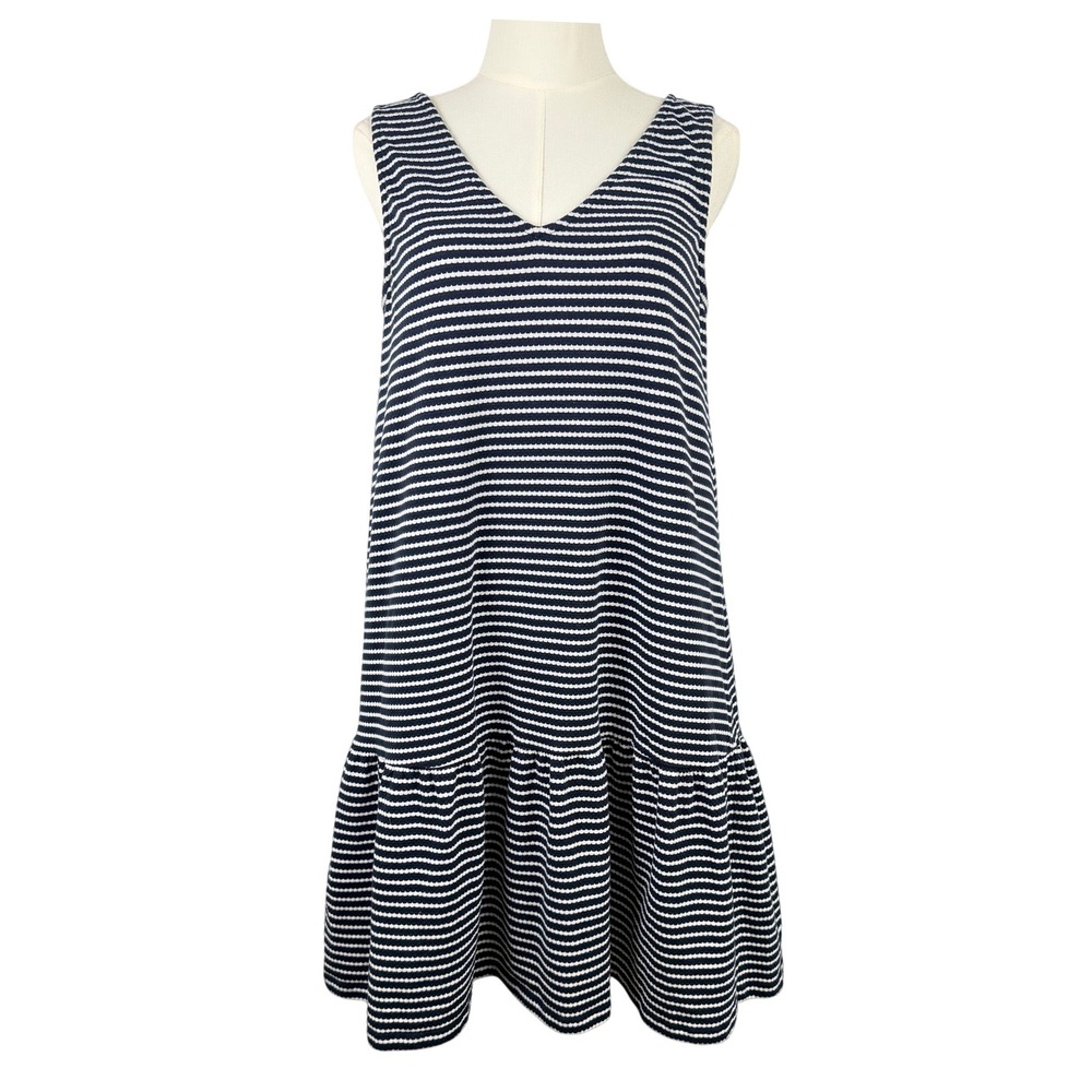 LOFT Womens Navy White Striped V-Neck Sleeveless Drop Waist Ruffle Dress Size M